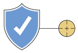 Blue shield with check mark and gold target icon.