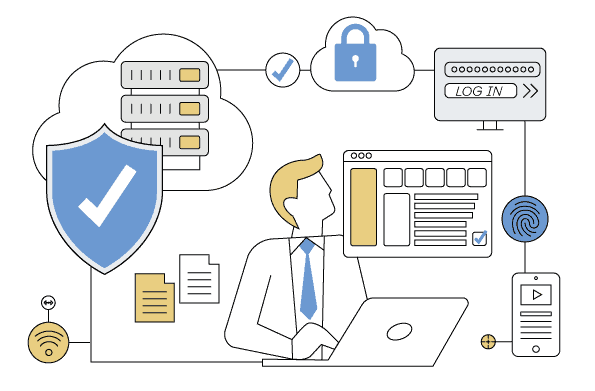 Digital security elements including cloud storage and encryption icons