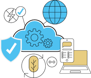Abstract cloud computing and cybersecurity icons illustration.