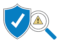 Shield with checkmark and magnifying glass on warning icon.