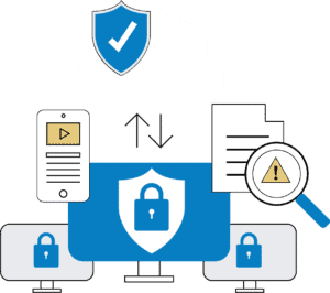 Digital security concept with cloud, devices, and locks.