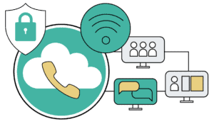 Illustration of secure cloud communication network with icons.