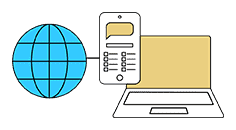 Laptop, smartphone, and globe icons symbolising digital communication.