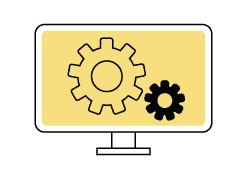 Two interlocking gears on a yellow background.